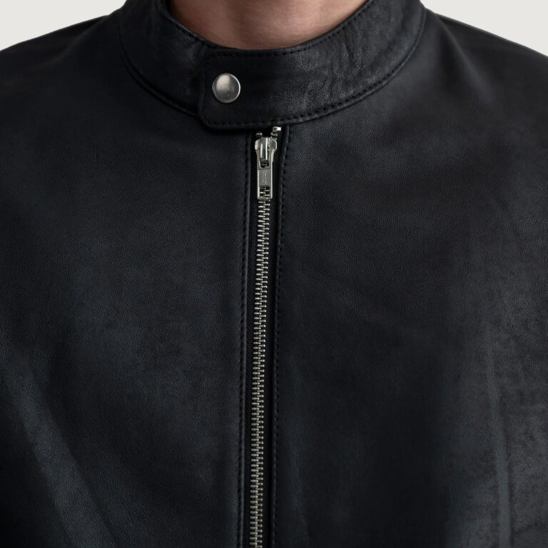 Mens Zen Tumbled Black Leather Biker Jacket Close-Up-9-1724075616509